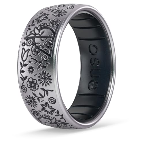 Enso Rings Wizarding World of Harry Potter Collection - Comfortable Silicone Rings - Floral Deathly Hallows - Icy Silver/Black Pearl - Size 9