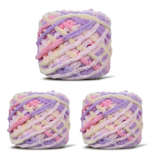Image of 3 Pack Plush Chenille Chunky Yarn for Crocheting 100g(54.6yd) - Bulky Thick Fluffy Yarn for Knitting- Soft Velvet for Baby, Blanket Knitting Blanket Yarns- Amigurumi Yarns (3-Pastel Purple)