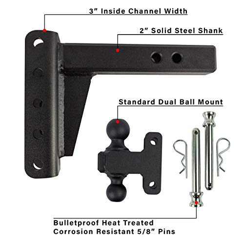 Bulletproof Hitches 2.0" Adjustable Heavy Duty (22,000Lb Rating) 4" Drop/Rise Trailer Hitch With 2" And 2 5/16" Dual Ball (Black Textured Powder Coat, Solid Steel) #TOP7