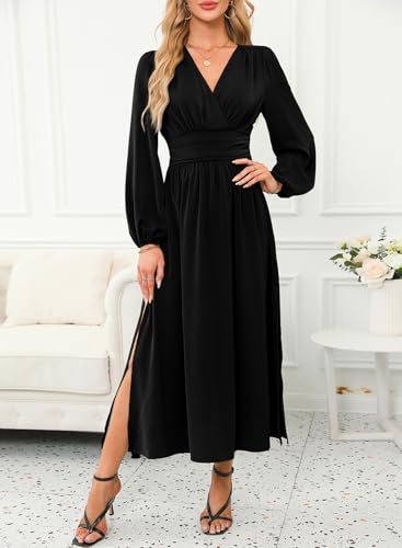Image of Dokotoo Womens Wrap V-Neck Empire Waist Dress Lantern Sleeve Ruched Side Slit Elegant Maxi Dress