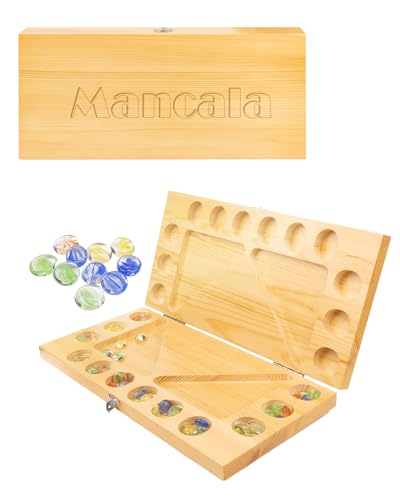 Mancala ボードゲーム 4人組 無垢材 折りたたみ式 マンカラボード マルチカラーガラスストーン マンカラ ファミリー旅行戦略ゲームセット ゲーム説明書 (日本語ではない場合があります)