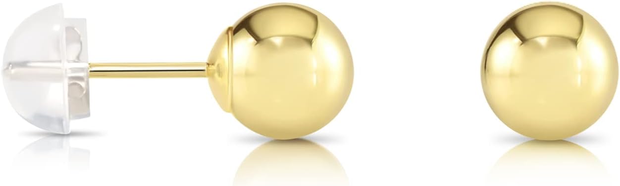 14k Yellow Gold Ball Stud Earrings with Silicone covered Gold Pushbacks