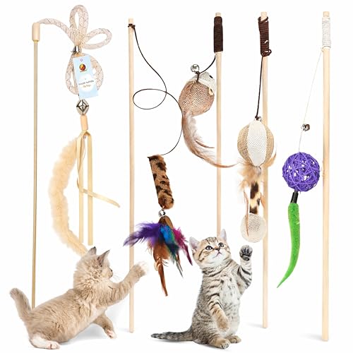 Image of Foodie Puppies 5 Pcs Cat Teaser Stick Toy Gift Combo for Cats & Kittens - (Woolly, Stripe, Rattle, Ball, Mouse Bell) | Interactive Play with Natural Feather Wooden /Plastic Wand Teasing Stick (40cm)