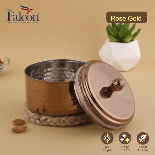 Image of PDDFALCON Stainless Steel Uphaar Hammered Container - BIS Certified, Jindal Seal, Made in India | Premium Finish Airtight Gift Box - Rose Gold (350ml)