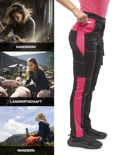 strongAnt Damen Arbeitshose komplett Stretch für Frauen Bundhose mit Kniepolstertaschen - Schwarz-Pink. Größe: 52