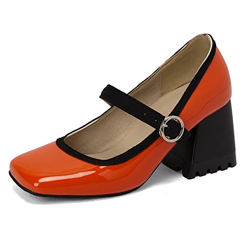 Mary Janes Lizoleor Orange à Talon Carré et Bout Carré Taille 37 EU