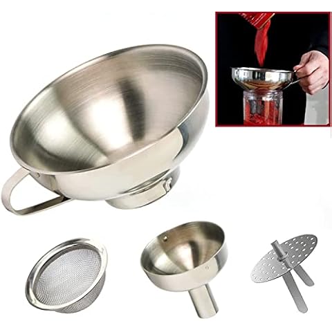 KEISSCO 3-in-1 Stainless Steel Funnel Set - Wide Mouth with Mesh Basket - Narrow Mouth with Strainer Cover