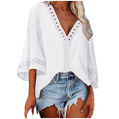 Seaintheson Women Tops Sexy Hollow Lace Three-Quarter Sleeve Loose T-Shirt Casual V-Neck Blouse Soft Slim Fit Shirt White