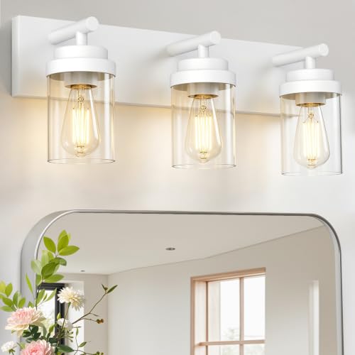 Image of IZORRO Bathroom Vanity Light Fixture, 3-Light 22 Inch White Bathroom Light Fixtures Over Mirror, with Clear Glass Shade, Modern Farmhouse Vanity Lights, Rustic Restroom Lighting Fixtures