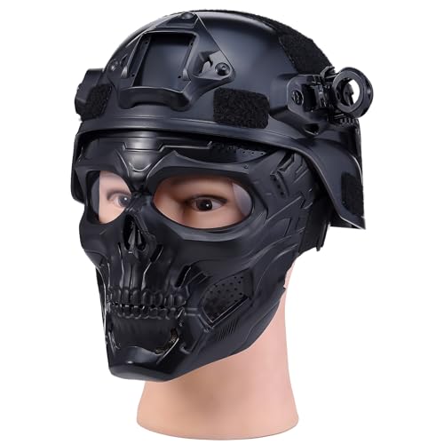 Tactical Airsoft Full Face Skull Mask with Adjustable Strap, Military Paintball Helmet, Dual Mode Protective Gear, NVG Mount & Side Rail, Military Tactical Helmet and Mask Combo