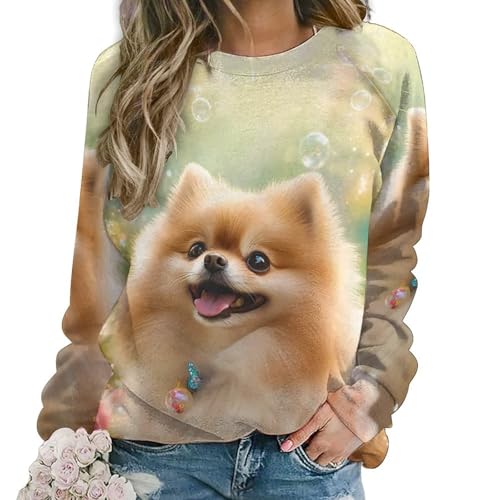 Pomeranian Dog Butterfly Women Long Sleeve Sweatshirts Round Neck Pullover Sweaters Casual Blouse Tops