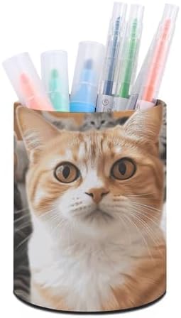 PU Leather Funny Pet Cat Pen Holder Round Pencil Organizer Stand Makeup Brush Stationery Container Desk Accessories Storage Organizer Desktop Box for Office Home image 5