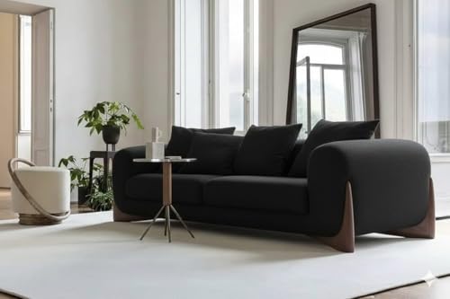 Image of Modern Sofa Chesterfield Design with Stylish Wooden Legs Bouncy Teddy Fabric Black Finish Sofa for Living Room, Bedroom, Hallways (3 Seater)
