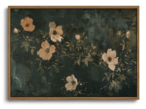 Image of KISSFOX Vintage Dark Green Flowers Framed Wall Art Moody Botanical Floral Canvas Art Summer Rustic Country Paintings Art Prints Modern Farmhouse Pictures Wall Decor For Kitchen Bedroom Girls Room