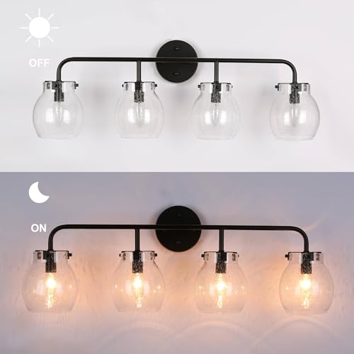 Image of KSANA Black Bathroom Light Fixtures, 4 Light Matte Black Vanity Lights for Bathroom with Seeded Glass Globe, 29 inch Modern Farmhouse Bathroom Lights Over Mirror