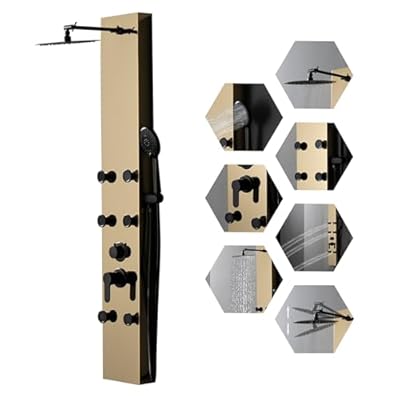 BWE Stainless Steel Modern Shower Panel Tower System 3-Function Faucet Rainfall Shower Head, Handheld Sprayer, Massage Body Jets, Brushed Gold
