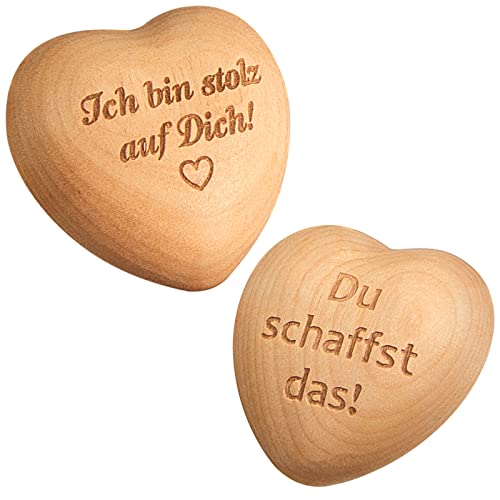 Queekay 2 Stück Holz Herz Handschmeichler mit Samtbeutel Holz Herz Glücksbringer mit Gravur Lustiges Geschenk für Kinder Teenager Erwachsene Haus Dekoration(Klassischer Stil) Cover