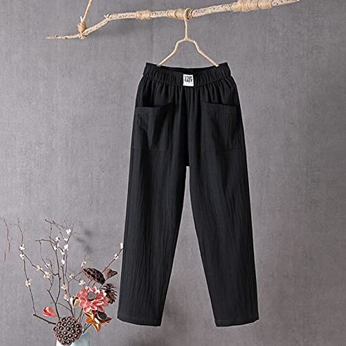 With Pockets Womens Pull On Capris Beach Casual Beach Capri Comfy Linen Pants For Women Wide Leg Capris For Women Black #TOP1