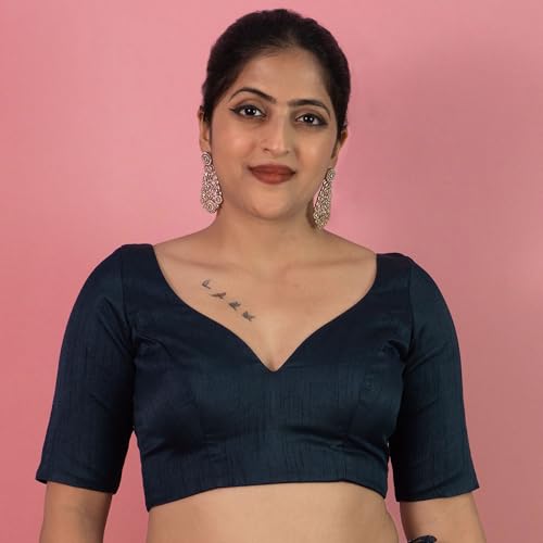 Image of FIGURE'S DESIGNER Women's Dupion Raw Silk Half Elbow Sleeves Sweetheart V Neck Sabyasachi Cut Readymade Saree Blouse S10