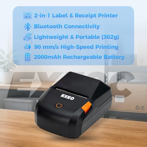 Image of EXEO EX58C Portable Bluetooth Thermal Label & Receipt Printer | 2 Inch (58mm) | Inkless | 203 DPI | Android, iOS & Windows | 2000mAh Rechargeable Battery | Barcode, Price & Product Labels