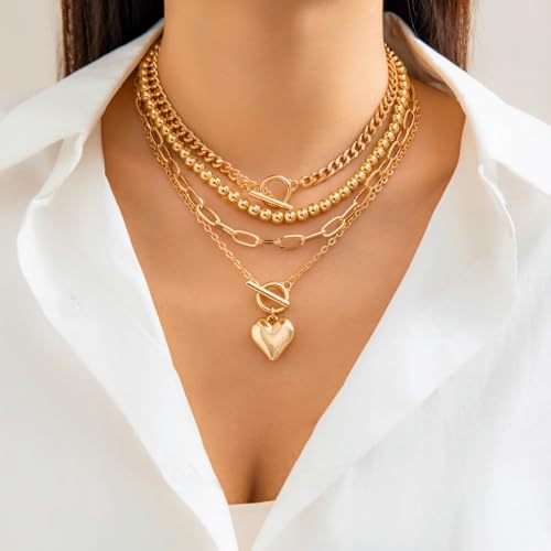 Women's Hip Hop Necklace Set - 4-Piece Chunky Chain Jewelry with Beaded Choker, T-Bar Toggle Clasp, Paperclip, Herringbone & Cuban Link Ropes for Edgy Style3