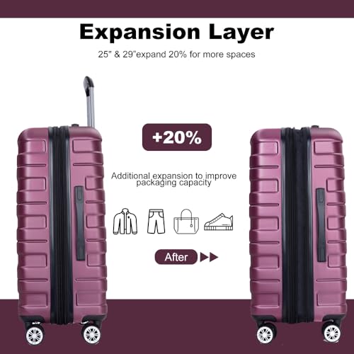 3 Piece Luggage Sets PC Lightweight & Durable Expandable Suitcase with Two Hooks, Double Spinner Wheels, TSA Lock, (21/25/29) Wine Red3