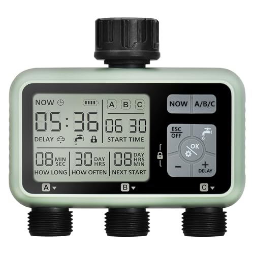 Watering Timer 3 Zone, Sprinkler Timer, Programmable Garden Outdoor Hose Faucet Timer with Rain Delay, Auto & Manual Watering System for Garden Lawn, 3 Outlet by johgee - Used condition - CA$49.64