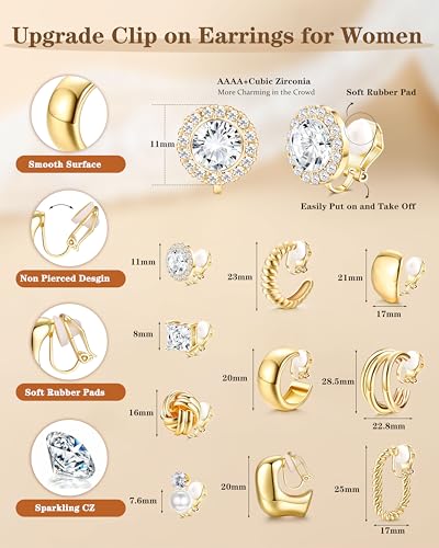 FIBO STEEL 10 Pairs Clip On Earrings for Women Non Pierced Ears CZ Pearl Knot Twist Chunky Hoop and Studs Earring Set Ear Clips Jewelry Gold Silver Tone2