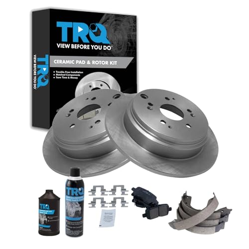Image of TRQ Rear Brake Pad & Rotor Kit, with Chemical Kit Parking Brake Shoe Set Ceramic Compatible with 2004 Honda Odyssey