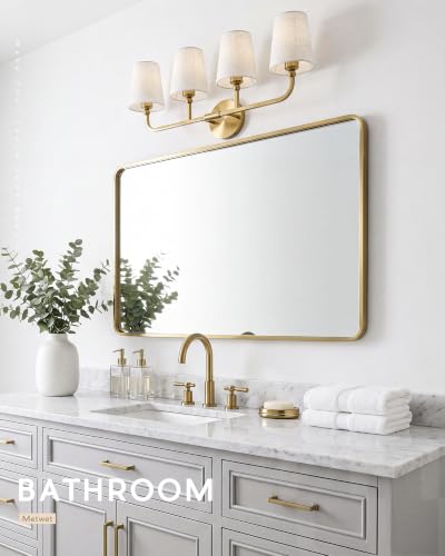 Image of 4-Light Brushed Gold Bathroom Vanity Light with Linen Fabric Shade | 28 Inch gold bathroom light fixture over mirror, UL listed, E26 bulbs, hardwired, upward only, VL837-BG-A-4