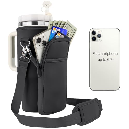 Water Bottle Carrier Bag for Stanley 40oz Tumbler Cup Bag Pouch with Large Phone Holder & Carrying Strap & & Straw Covers, Stanley Cup Accessories A3-Black