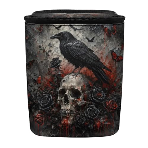 Image of Talayituse Gothic Crow Rose Skull Pattern Car Trash Can with Lid, Leak Proof Auto Trash Bag Hanging Vehicle Garbage Can Multipurpose Storage Container for Back Seat Road Trip Halloween Decor