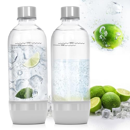 Soda Maker Bottles 2 Pack, 1L BPA Free Reusable Carbonating Bottles for Sparkling Water Makers, Soda Machine – Stay Sparkling and Fresh, On the Go by Gekufa,Gray