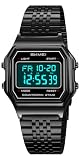Gosasa Unisex Square Face Digital Watch Retro Y2K Stainless Steel & Stretching Band 30M Waterproof Wristwatch with LED Backlight, Dual Time, Alarm, Multiple Color Options (All Black Steel)