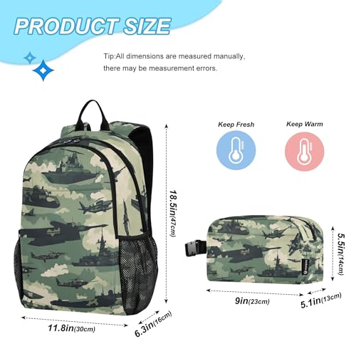 Camouflage Airplane Helicopter Tank Backpack with Lunch Bag for Boys Girls Kids Travel School Backpack Set2