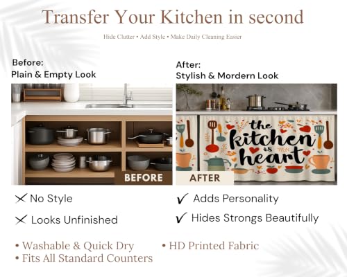 Image of Premium Printed Kitchen Sink Curtain | Washable & Dustproof Rod Pocket Counter Skirt | Perfect for Any Sink | Multicolor Cooking Theme Decor for Home & Kitchen(150cm X 70cm) (Kitchen Heart)