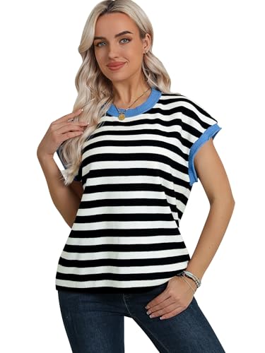 Women Cap Sleeve Sweater Vest Striped Sleeveless Contrast Color Tops Crewneck Knit Pullover Casual Loose Fit Tank Tops2