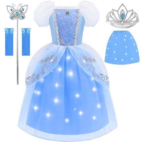 Aolliya Princess Light Up Dress for Girls Blue Puff Sleeves Princess Costume Fancy Dress Up for Halloween Cosplay Carnival