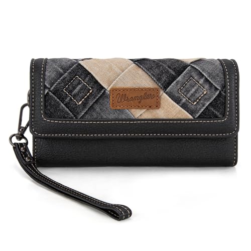 Image of Montana West X Wrangler Black Wallet for Women Large Wristlet Wallets Trifold Clutch Phone Wallet Ladies Female Western Travel Wallets with Coin Purse