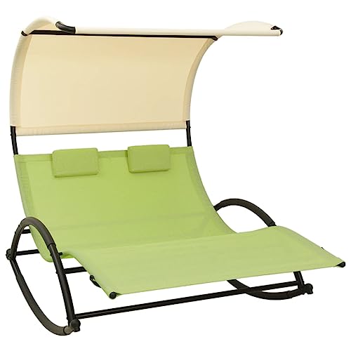 Mandloder Tumbona doble, cama de relajación con dosel, textil verde crema, silla de jardín resistente, 139 x 180 x 170 cm, para terraza, silla de playa, chaise longue de relajación al aire libre
