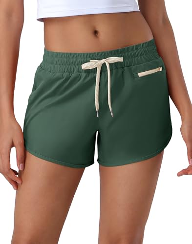 Pioneer Camp Running Shorts for Women Green Athletic Shorts High Waisted Gym Workout Yoga Shorts with Liner Quick Dry