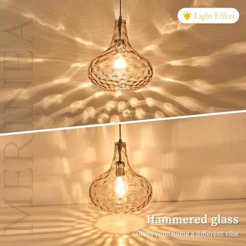 Image of 11 inch Amber Hammered Glass Pendant Light, Brushed Nickel, E26 | 11 inch amber hammered glass pendant light with brushed nickel finish, adjustable cord, E26 socket, ideal for kitchen islands