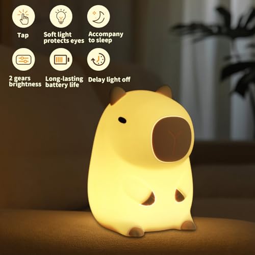 Image of Led Cute Capybara Night Light, Dimmable Nursery Kawaii Lamps, Super Squishy Silicone USB Rechargeable Touch Control Night Lamp for Kids Adults, Used for Camping Party Room Decor (Capybara)