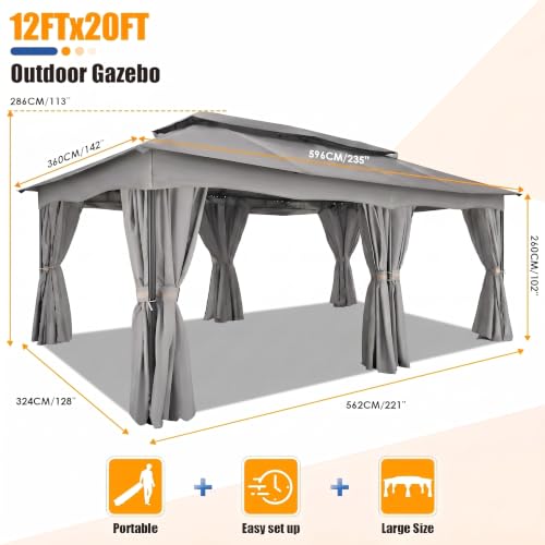 Image of COBIZI 12x20 FT Gazebo Outdoor with Curtains, Heavy Duty Soft Top Gazebo Canopy with Double Roof, Large Metal Frame Gazebos for Patio, Backyard and Deck (Gray)