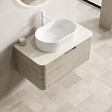 Gecheer Mobile Lavabo Sospeso, Lavabo Ovale Bianco 80 cm con Piano in Travertino e Mobiletto in Compensato con Bordi Curvi, Cassetti Ammortizzati, per Bagno
