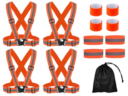 Abiyou 4PCS Gilet Catarifrangente Regolabile, Regolabile Gilet Riflettente, Elasticità Giubbotto Catarifrangente, Elastico Gilet Riflettente, per la Bicicletta,Jogging,Corsa,Escursionismo(Arancione)