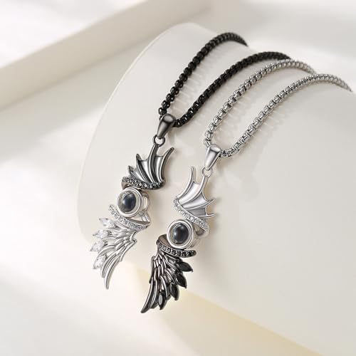 Matching Necklace for Couples 925 Sterling Silver I Love You Projection Necklace 100 Languages Angel Wings Pendant for Couples Anniversary Birthday Jewelry Gifts for Him Her2