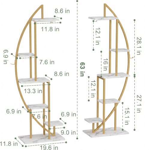Image of BACEKOLL Plant Stand Indoor with Grow Lights, 6 Tiered Tall Plant Shelf, 63 inch Metal Plant Stand for Indoor Plants Multiple, Half-Moon Plant Rack Display Shelf, 2 Pcs Plant Holder for Living Room (Faux Marble White + Gold)