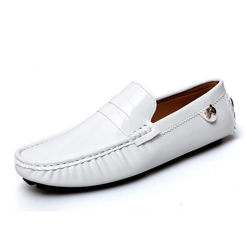 Battle Men Men's PU Leather Penny Moccasins Slip-On Driving Loafers Lightweight Casual Shoes with Flexible Anti-Slip Rubber Sole(White,12 M US)