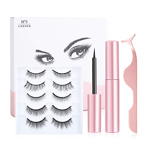 Magnetic Eyelashes and 2 Tubes of Magnetic Eyeliner Kit, 5 Pairs Reusable Natural Look Magnetic Eyeliner and Lashes?Upgraded 3D Magnetic Eyelashes Kit With Tweezer- - No Glue Needed